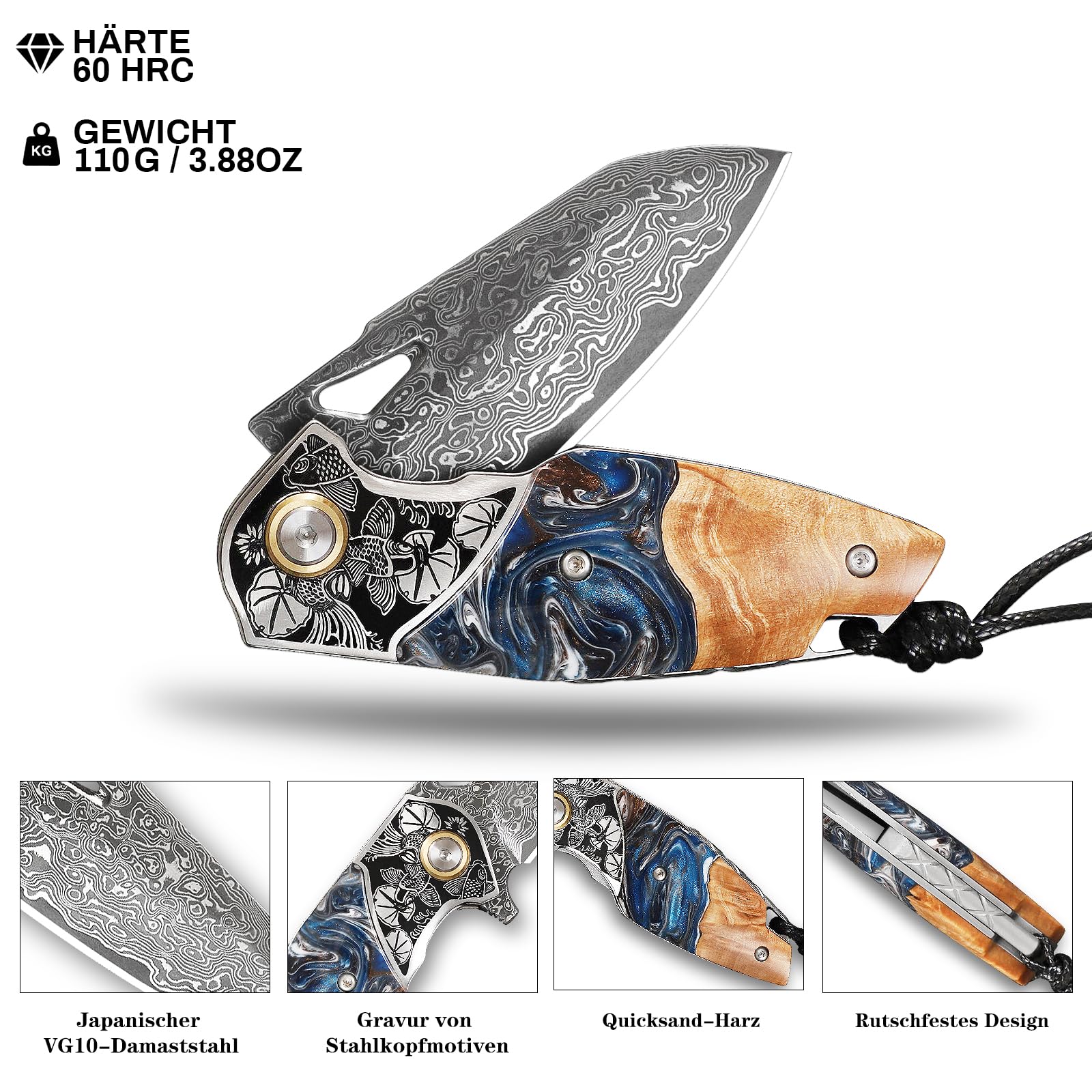 Taschenmesser aus Damaszenerstahl，Klappmesser für Männer und Frauen，Mit Lederscheide，Griff aus Harz und Ahornholz，Geeignet für Outdoor-Camping, Wandern und Angeln EDC-Messer