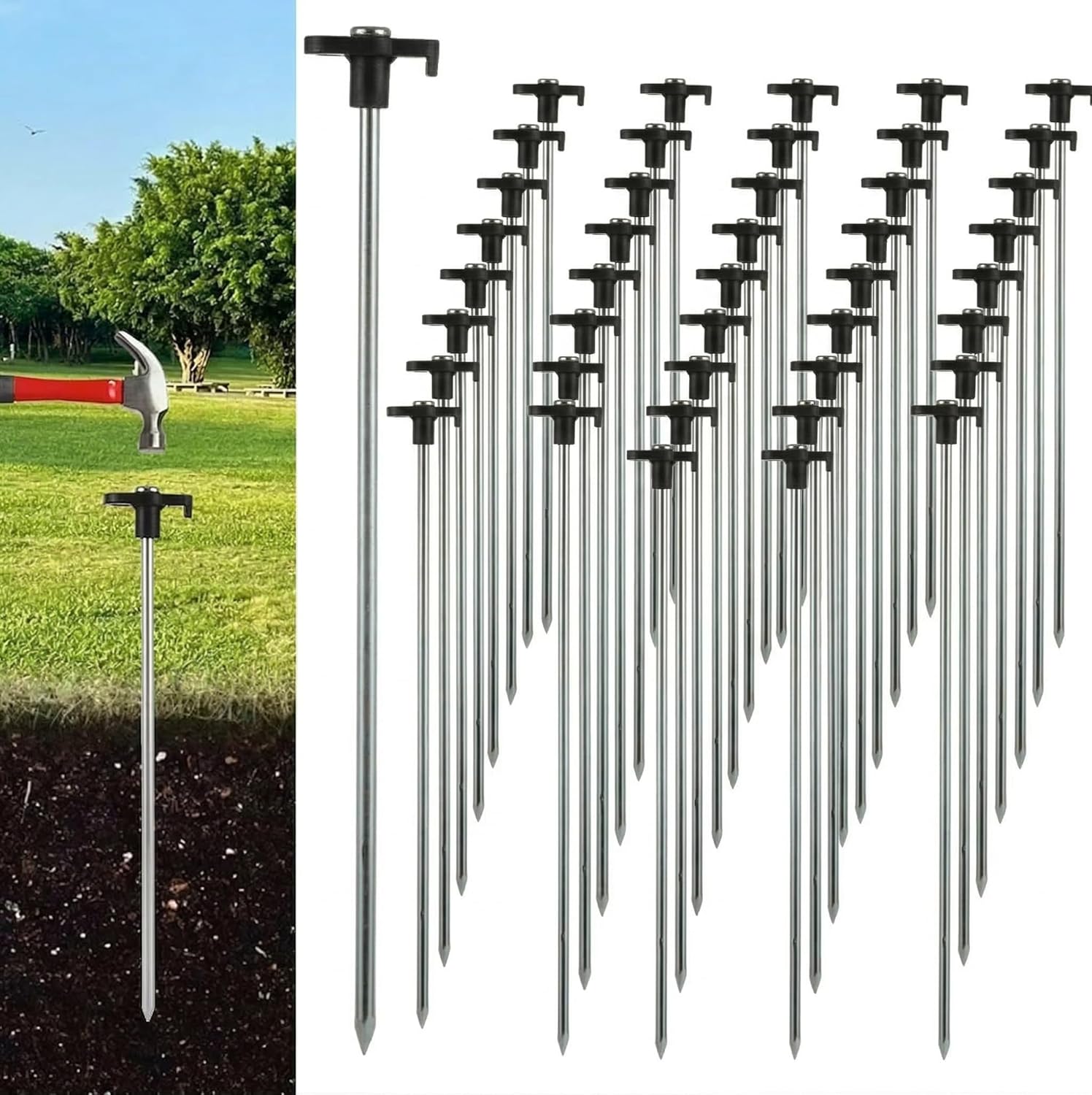 50 Pack 10 Inch Heavy Duty Tent Stakes, Metal Tent Pegs for Hard Ground, Black Steel Camping Stakes for Canopies, Tarps & Gazebos, Secure Ground Anchors with T-Shaped Heads