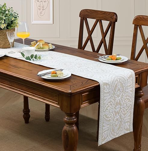 Miniatura 7 de KEVA Camino de mesa bohemio de 110 pulgadas de largo con borla de cuentas de madera hecha a mano, rústico, vintage, blanco, bordado, de 13 x 110