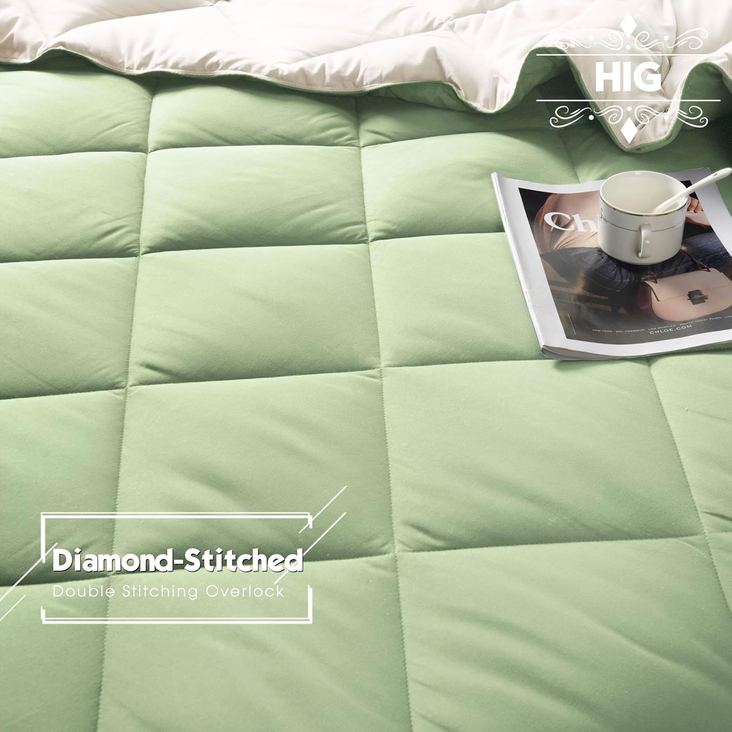 HIG 3pc Sage Green Twin/Twin XL Comforter Set - All Season Reversible Down Alternative Comforter with Sham - Quilted Duvet Insert with Corner Tabs - Diamond Stitched Blanket - Breathable, Soft, Fluffy - Image 4