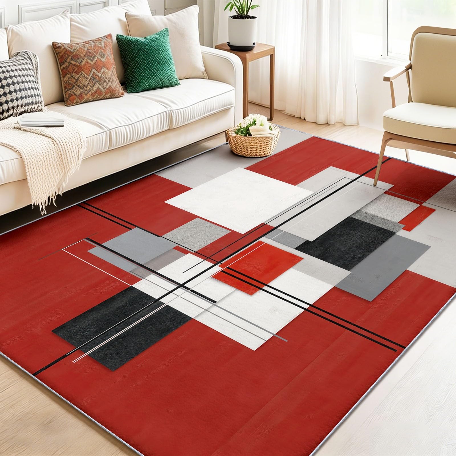 Czerwony dywan do salonu mały dywan, 60 x 110 cm Wycieraczka wewnętrzna Wejście Antypoślizgowe, Nowoczesne Abstrakcyjne Geometryczne Kolorowe klocki Dekoracja domu Duży dywan do jadalni Sypialnia