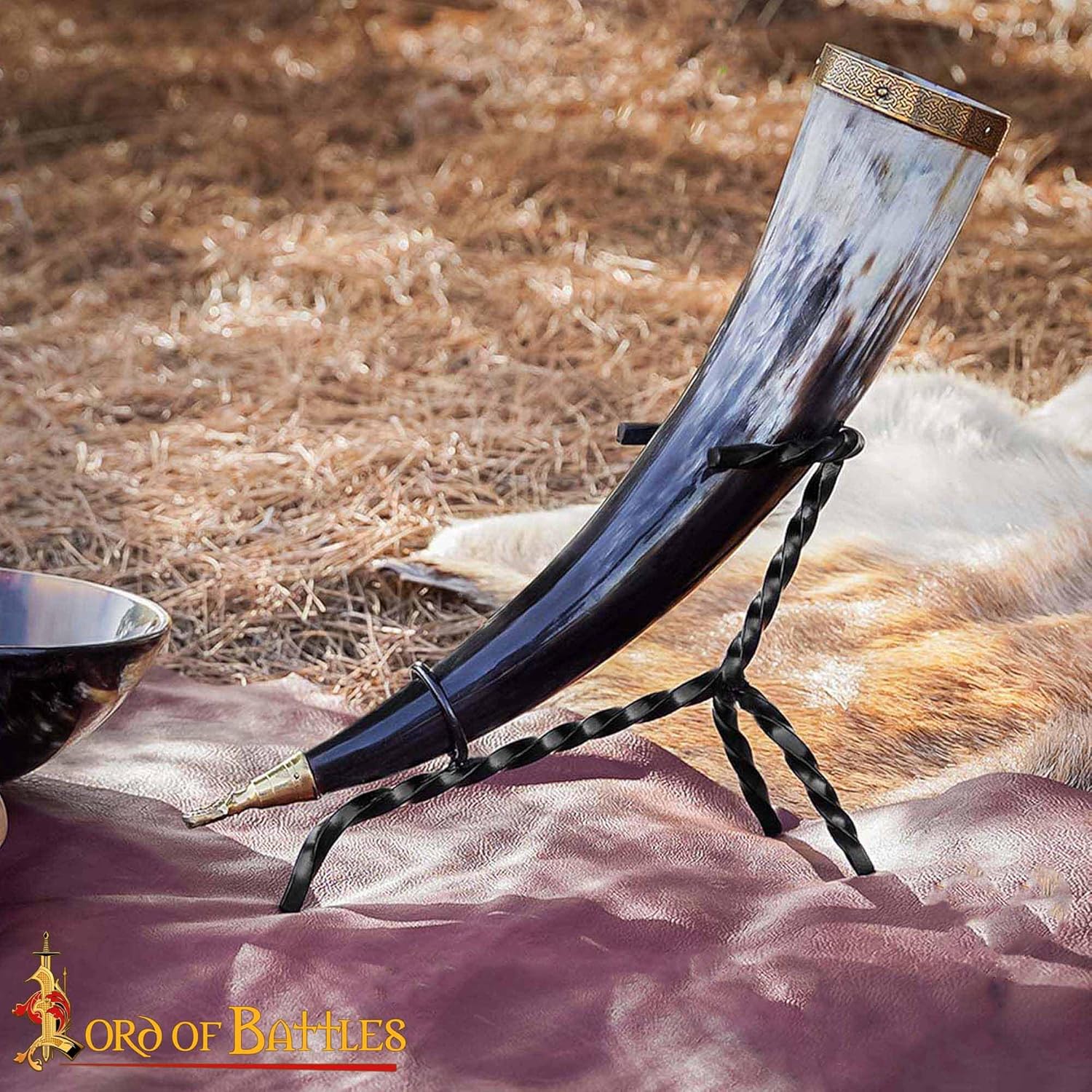 Lord of Battles Hand Forged Viking Drinking Horn Stand-Medieval Iron Display Holder, For Reenactments and Display