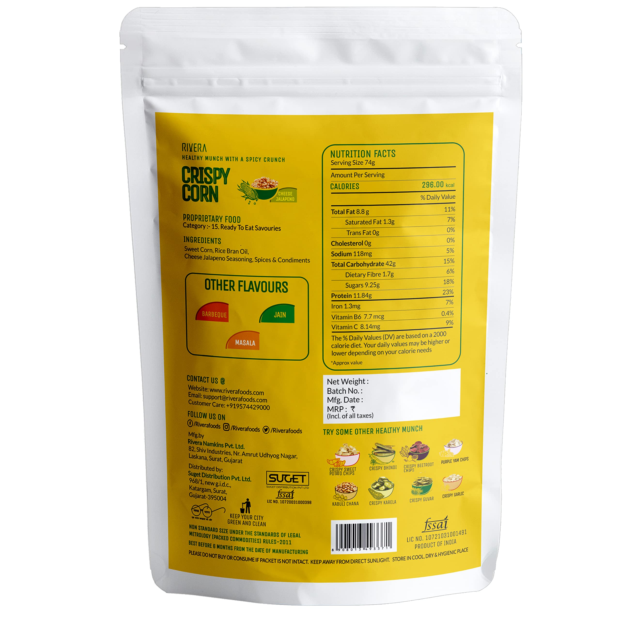 Rivera Crispy Corn, Pack of 2(Cheese Jalapeno)-87g Each | High Iron Snacks | Zero Cholesterol| Zero Trans Fat | Healthy Snacks - Image 3 thumbnail
