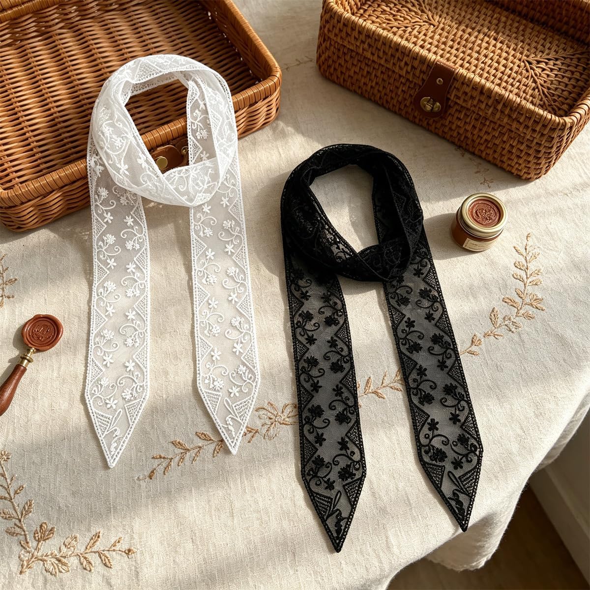 2 PCS Lace Sheer Mesh Long Skinny Scarf for Women Lightweight Fashion Neck Scarfs Thin Satin Headscarf Hair Bandana Neck Tie Purse Bag Charm Sleep Headwrap Unique Decorative Accessories （Black, White） image 3