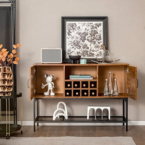 Miniatura 2 de LOKO Gabinete de buffet industrial con almacenamiento, gabinete de vino de cocina para el hogar con estante para 8 botellas y estante de malla