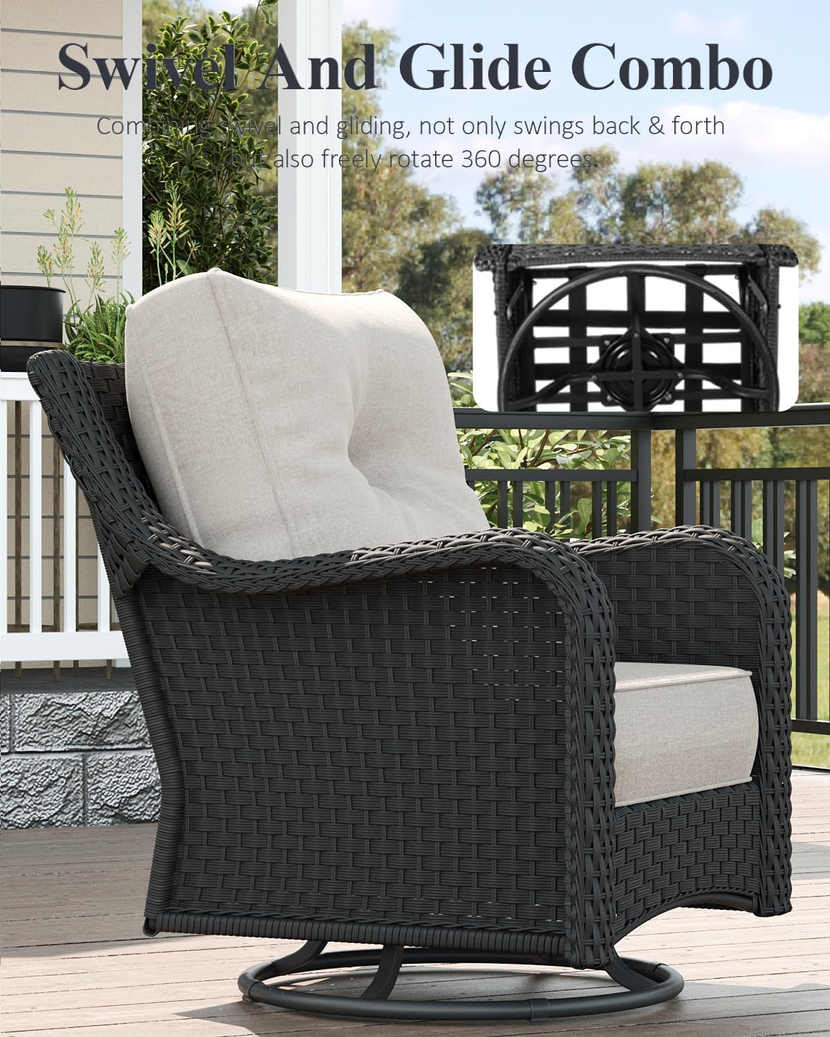 LayinSun 5 Piece Wicker Outdoor Furniture Set with 6-inch Comfy Cushions, High Back Patio Furniture Set with Swivel Rocking Chairs and Side Table
