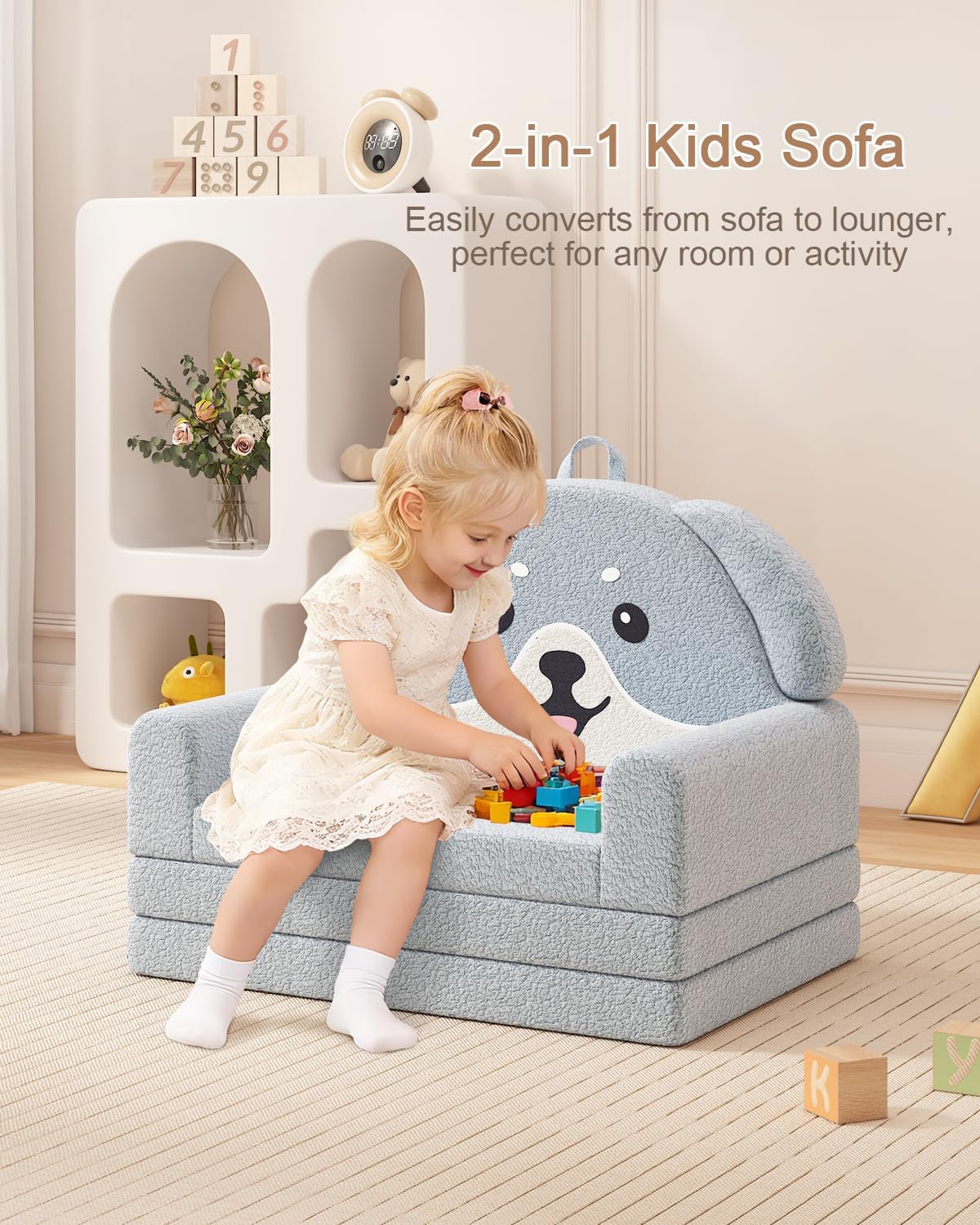 YACODAVO 2-in-1 Kids Couch, Soft Toddler Couch Fold Out for Girl and Boys, Dog Design Foldable Kids Sofa to Lounger, Convertible Kids Chairs Comfy, Gift for Birthday, Children's Day, Blue
