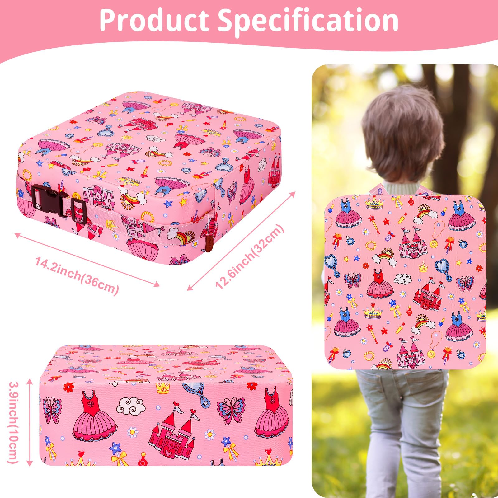 Rialzo Sedia Bambini Da Tavolo Riduttore Portatile Alzasedia Per Bambini Alzatina Sedia Cuscino con 2 Cinture Di Sicurezza(Principessa Rosa)