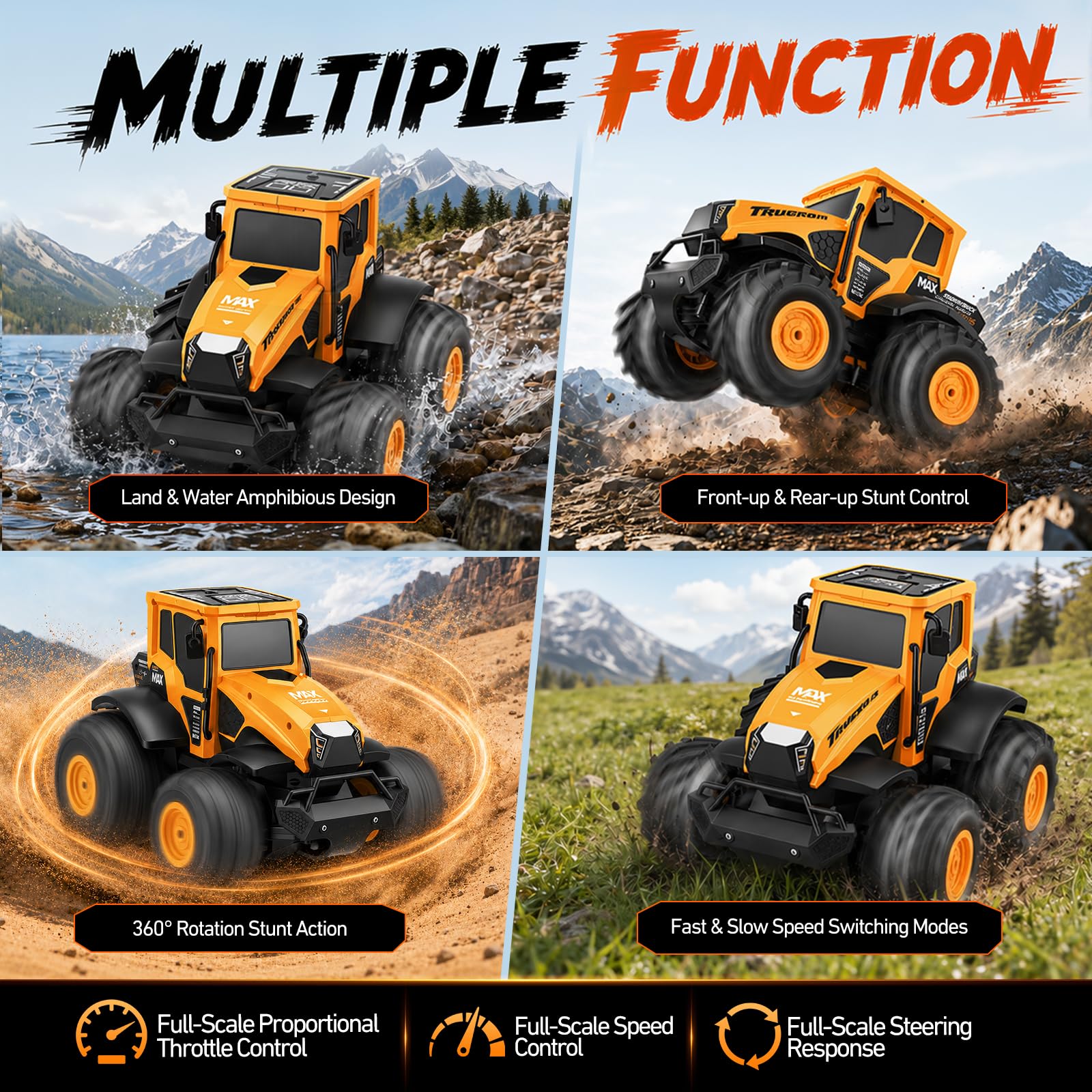 Macchina Telecomandata, Auto Radiocomandata Fuoristrada da Esterno | Monster Truck Telecomandato Anfibio IPX7, Auto RC 15 km/h, 2 Batterie 80 Min, Rotazione 360°, Idea Regalo Bambino