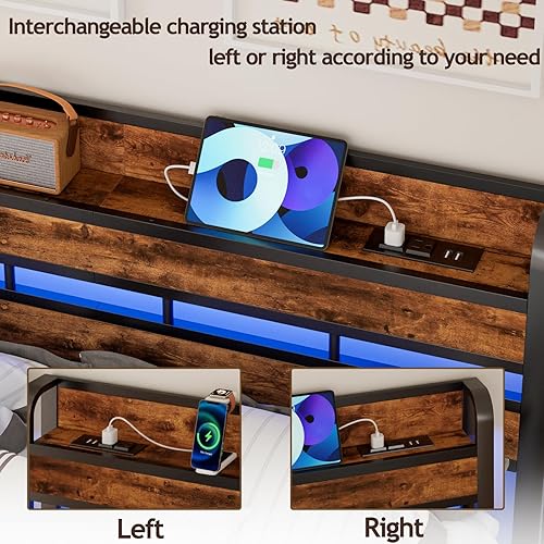 Miniatura 3 de Furnulem Cabecera Queen con estante de almacenamiento, solo con luz LED RGB, puerto USB y estación de carga, marco resistente y estante de madera,