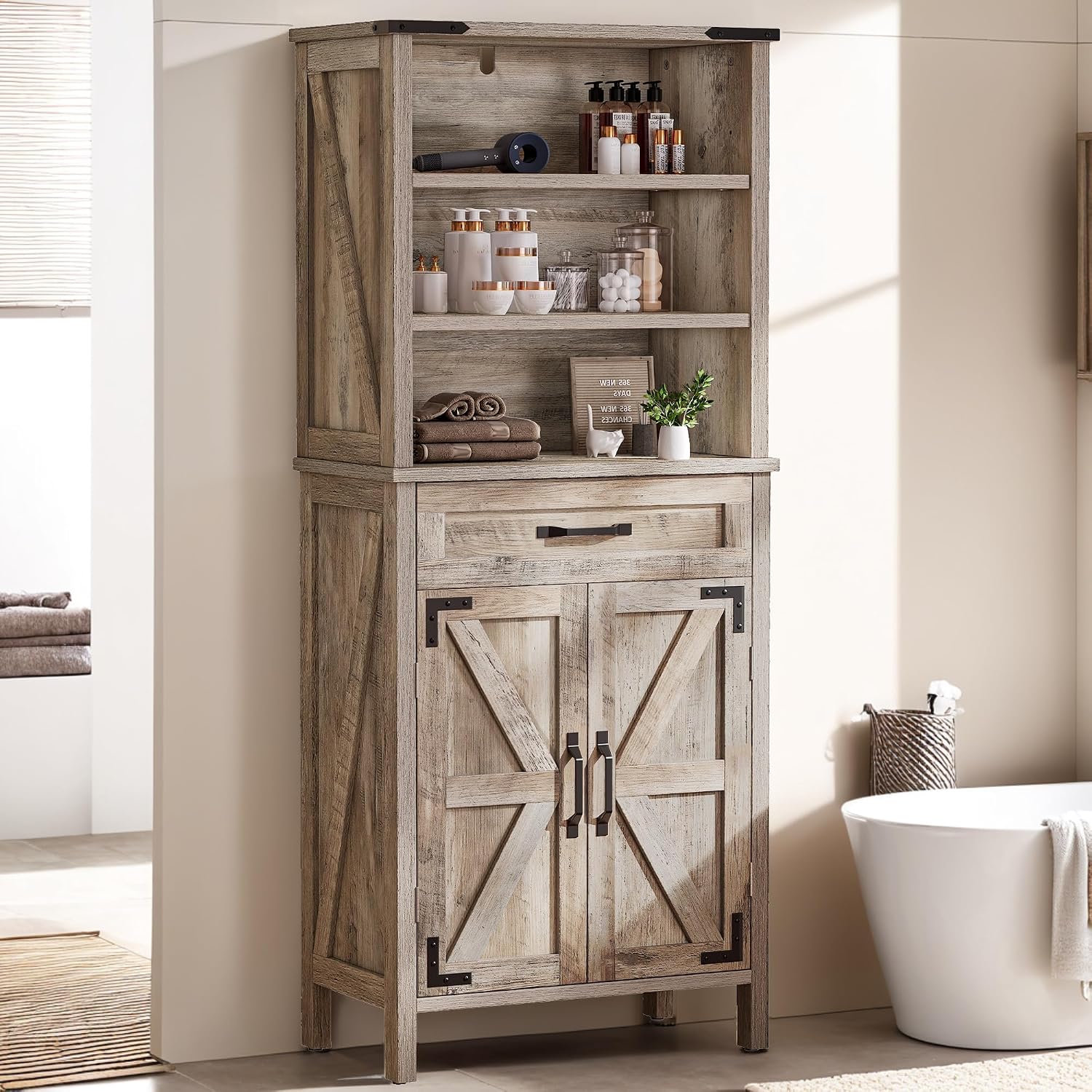 DWVO Farmhouse Storage Cabinet, Small Bathroom Storage Cabinet with Doors and Shelves, 58" Tall Multi-Functional Accent Cabinet for Dining Room, 58" H x23.6 W, Washed Grey