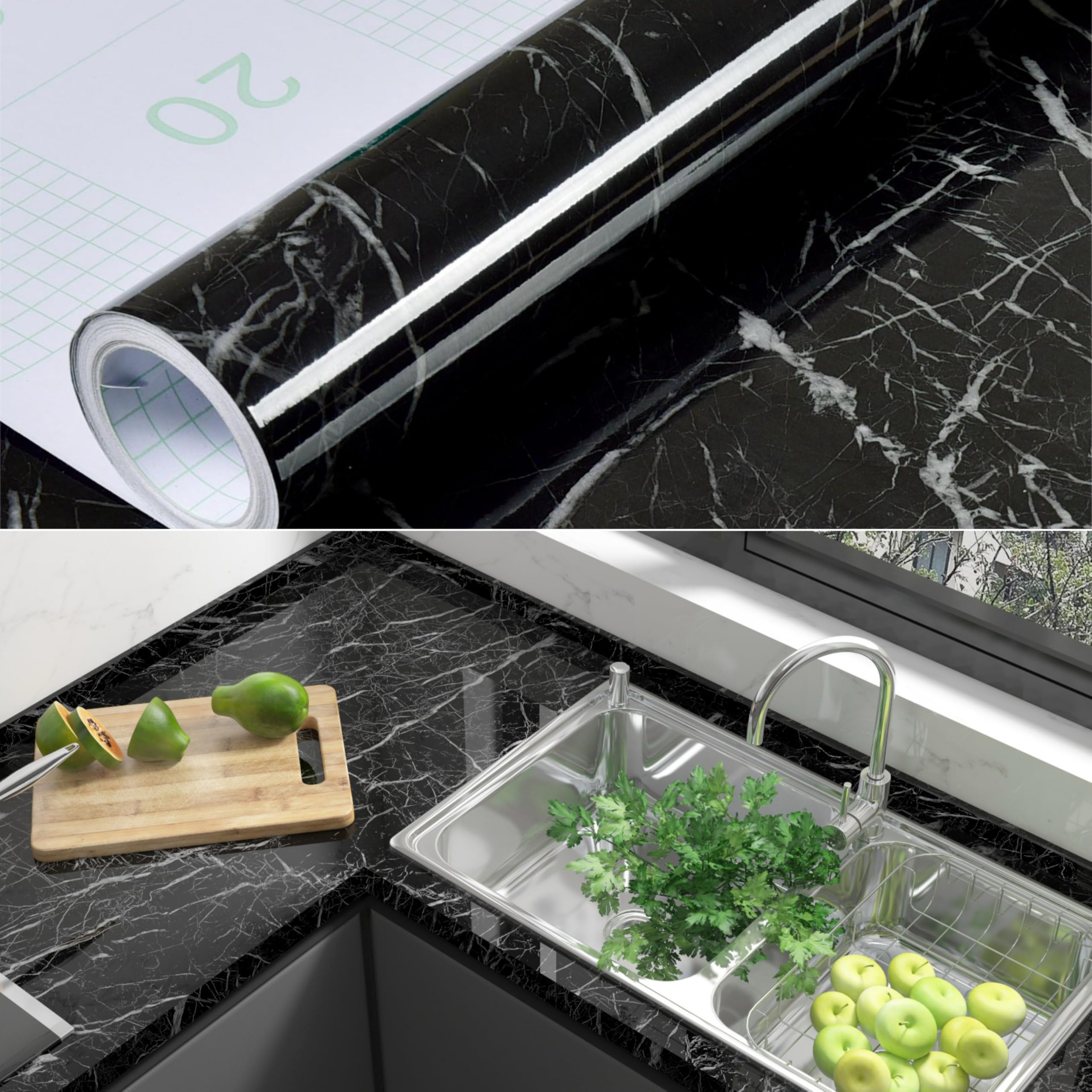 42cm×5m, Gloss Black Marble Vinyl Wrap for Kitchen Worktop, Black Sticky Back Plastic Roll, Heat-Resistant Durable Worktop Vinyl Covering, Marble Wallpaper Contact Paper Self Adhesive Wallpaper