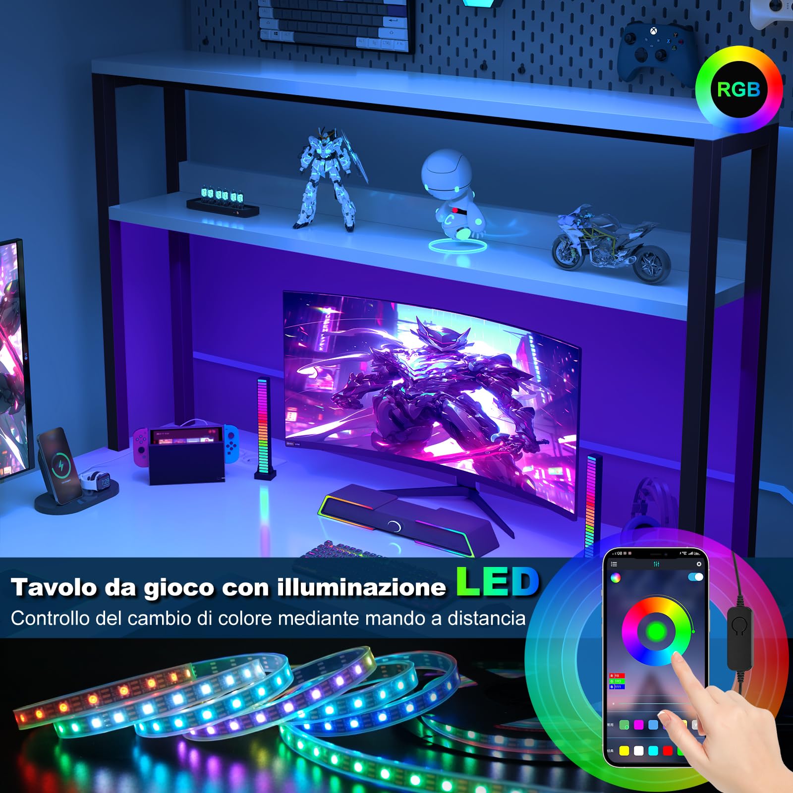 Devoko Scrivania Gaming con LED, 155 x 100 cm Scrivania con Ripiano Reversibile, Scrivania ad L con 2 Prese e 2 Porte USB, Scrivania Gaming con Scomparti e Spazio di Archiviazione, Bianca