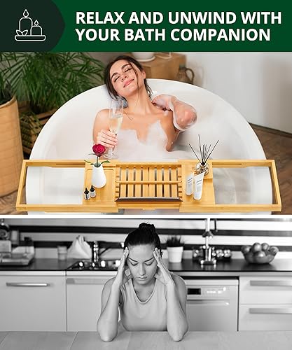 Miniatura 34 de Royal Craft - Bandeja de bambú para bañera con soporte para libro y vino Bambú Negro,Negro (plegable),Bambú carbonizado (marrón),Gris