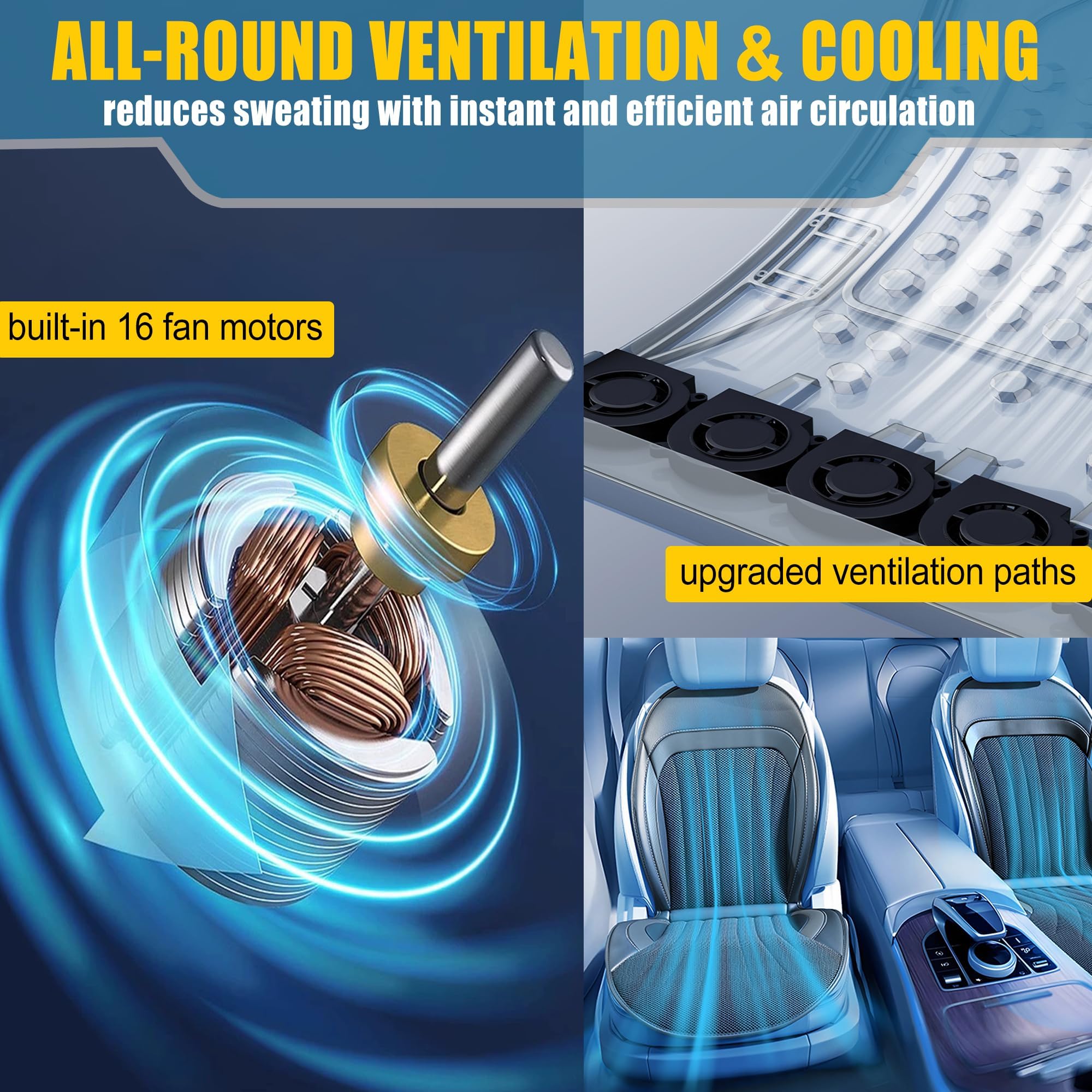 Fodera per Sedile Auto con Raffreddamento, Cuscino Sedile Auto Estivo, Fodera Sedile Auto Ventilata con Massaggio e 16 Ventilatori, Raffreddatore Sedile Anteriore per Veicolo 12V 3-In-1 (Nero