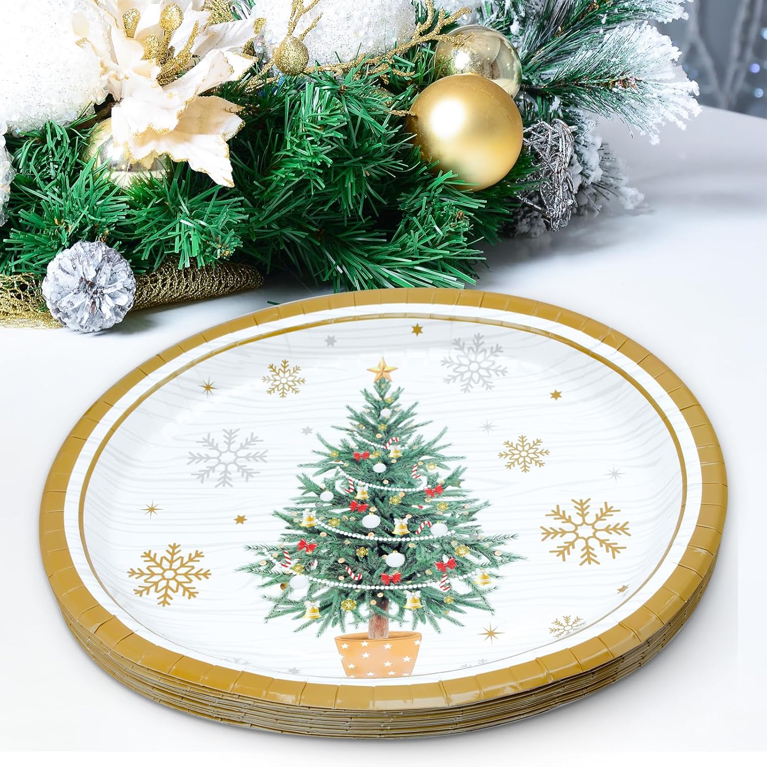 ZVK 12" Christmas Oval Paper Plates Set Disposable 50 Count Large Party Buffet Serve Plates for Holiday Xmas Dinnerware