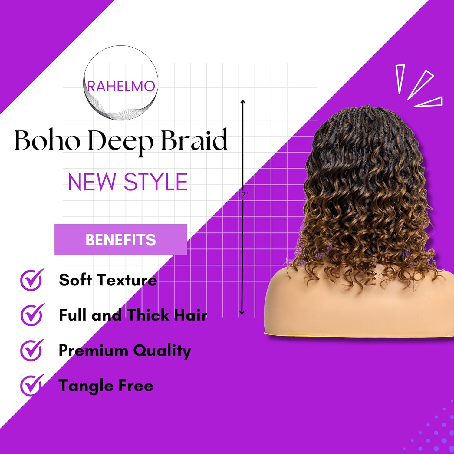 Boho Deep Braided Wig - Synthetic Knotless Braided Wigs for Black Women - Full Lace 360 Wig with Natural Baby Hair (#1B30 Off Black and Brown, 12")