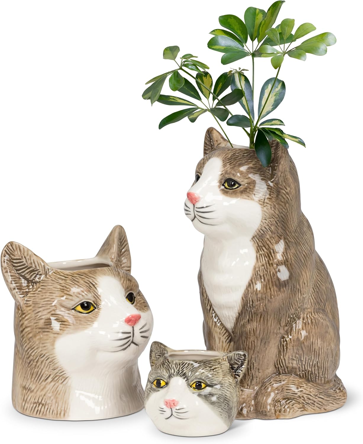 Abbott Collection Small Tabby Cat Planter - Stoneware, Grey/Brown (5 inches H)