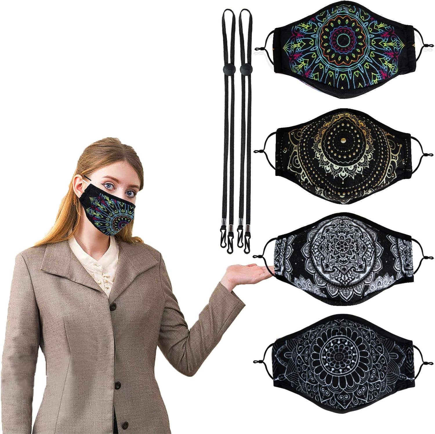 TwoYek Reusable Washable Face Mask with Nose Wire Black Mandala 3D Adjustable Cloth Cotton Designer Fashion Masks Cover Womens Adult Comfortable Fabric Breathable Facemask with Ear Loops 4 Packs