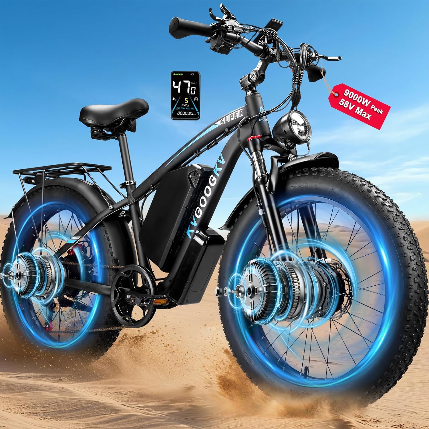 9000W Peak Dual Motor Ebike for Adults 47 MPH Fast Electric Bike, 58V Max-Output 1972 Wh Up to 105 Miles Ebikes,24" Fat Tire E-Bike,Fronk Suspension Electric Bicycle for Mountain Commuter Snow