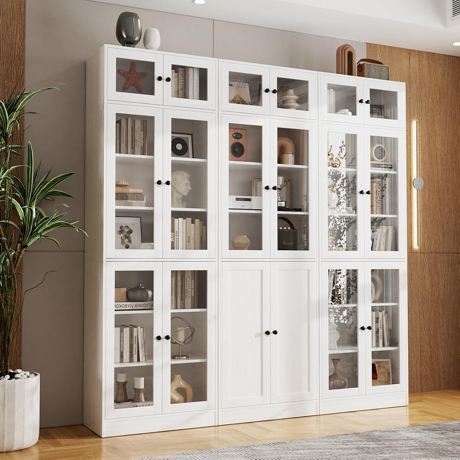 VOWNER 85.5" Tall Curio Cabinet, Classic Bookcase with Doors, Elegant 7 Tier Bookshelf, DIY Large Bookcase, Glass Display Cabinet for Home Office, White Large Storage Pantries Set for Living Room