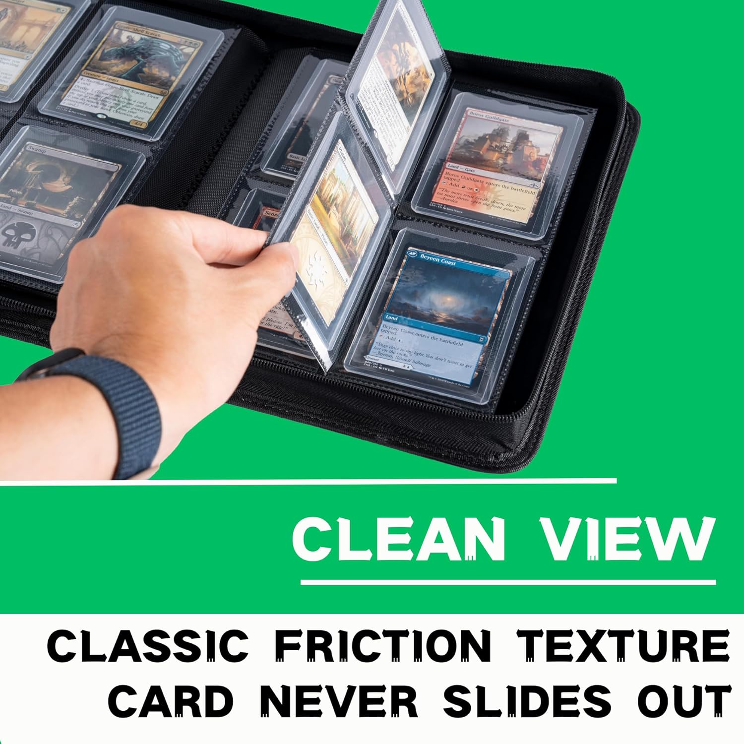 Top loader Binder, Holds 128+ Toploaders, 4 Pocket Top Loader Card Storage Case, Double-Sided Pockets for trading card in 3 x 4'' Toploaders (Grass Green)