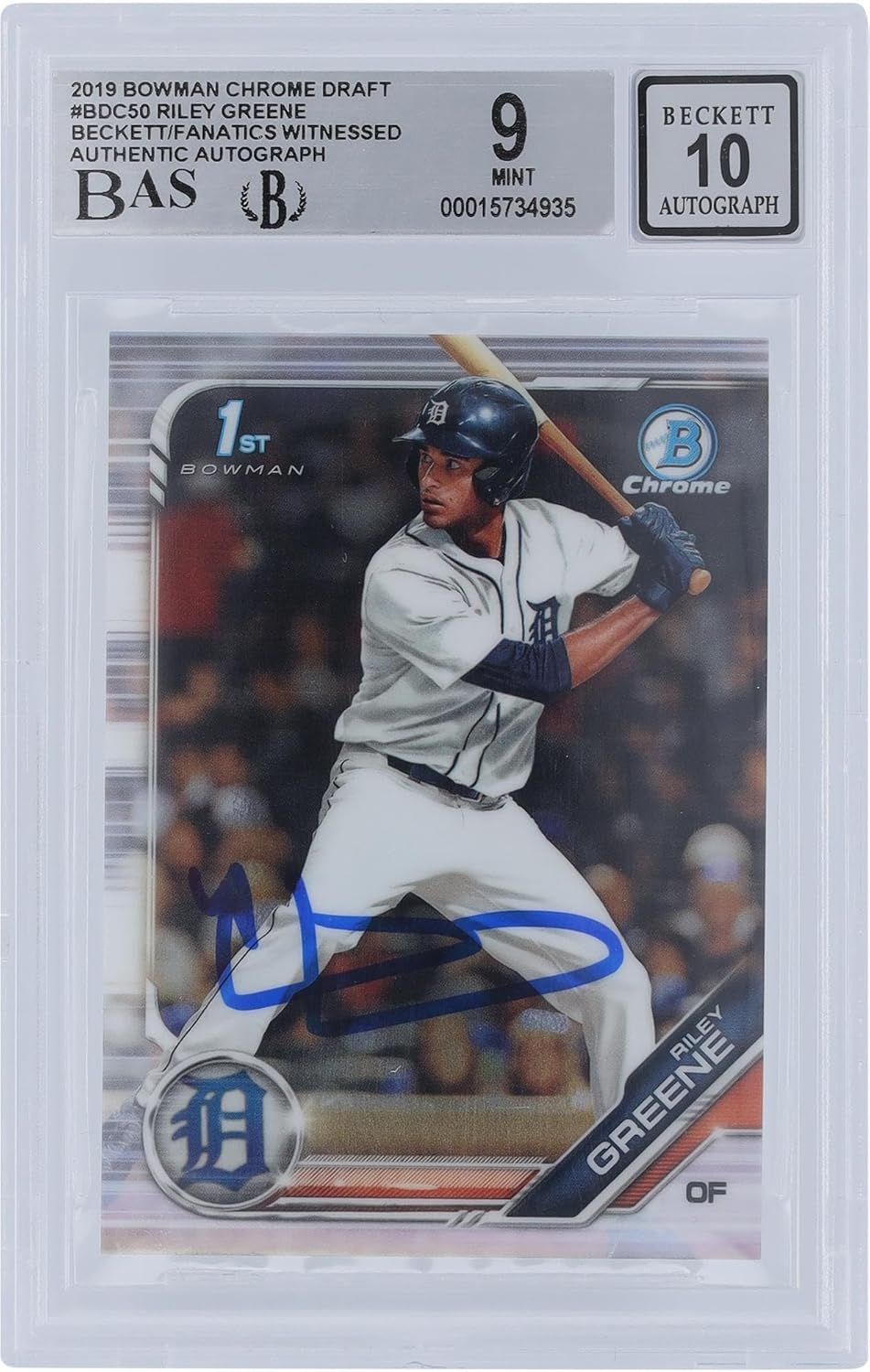 Riley e Detroit Tigers Autographed 2019 Bowman Chrome Draft #BDC-50 Beckett Fanatics Witnessed Authenticated 9/10 Rookie Card - Baseball Slabbed Rookie Cards