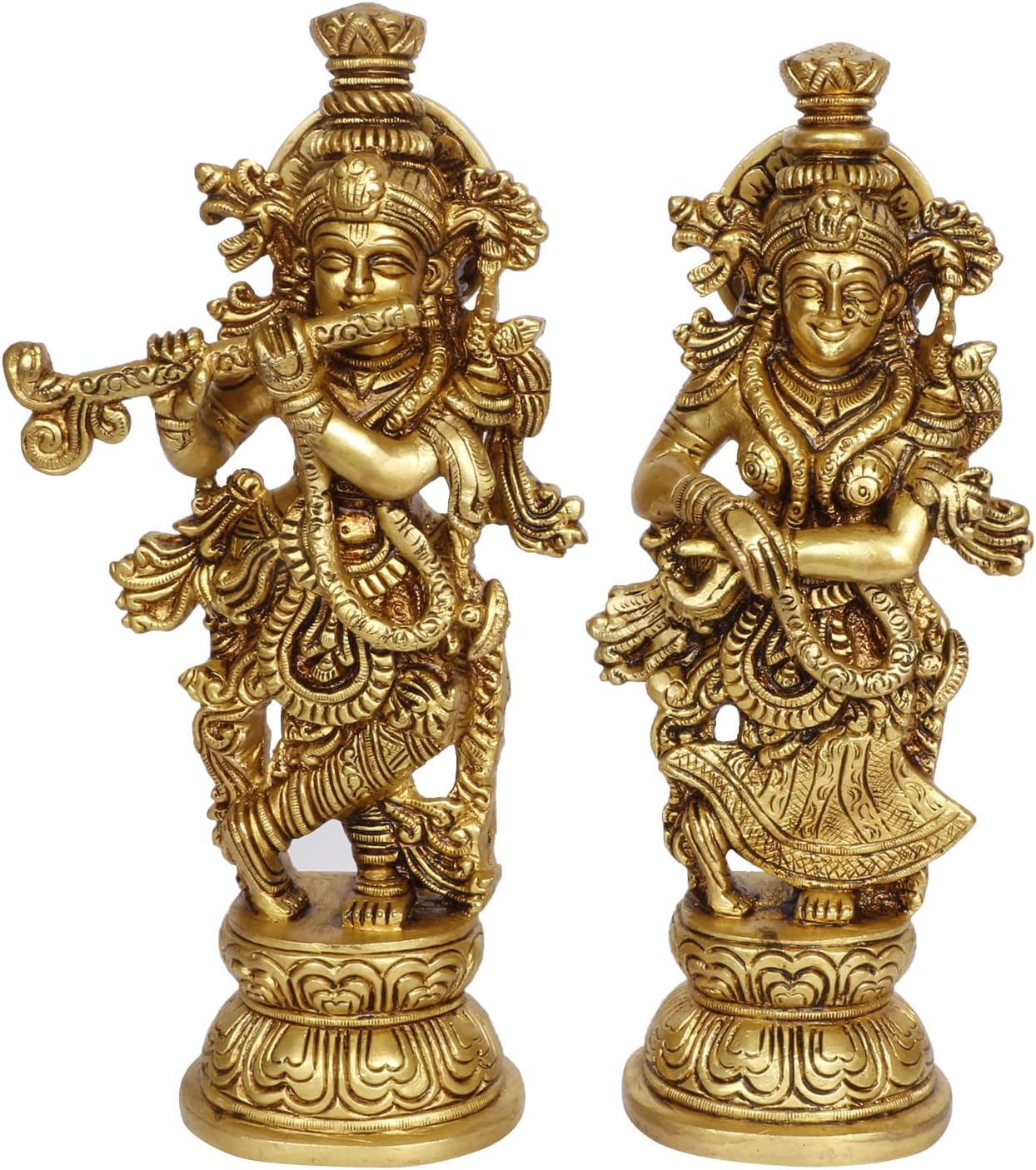 Kartique Brass Radha Krishna Bhagwan Murti Kishan Kanhaiya with Flute for Home Office Decor Temple Mandir Decoration Height 9 Inch Gold Color