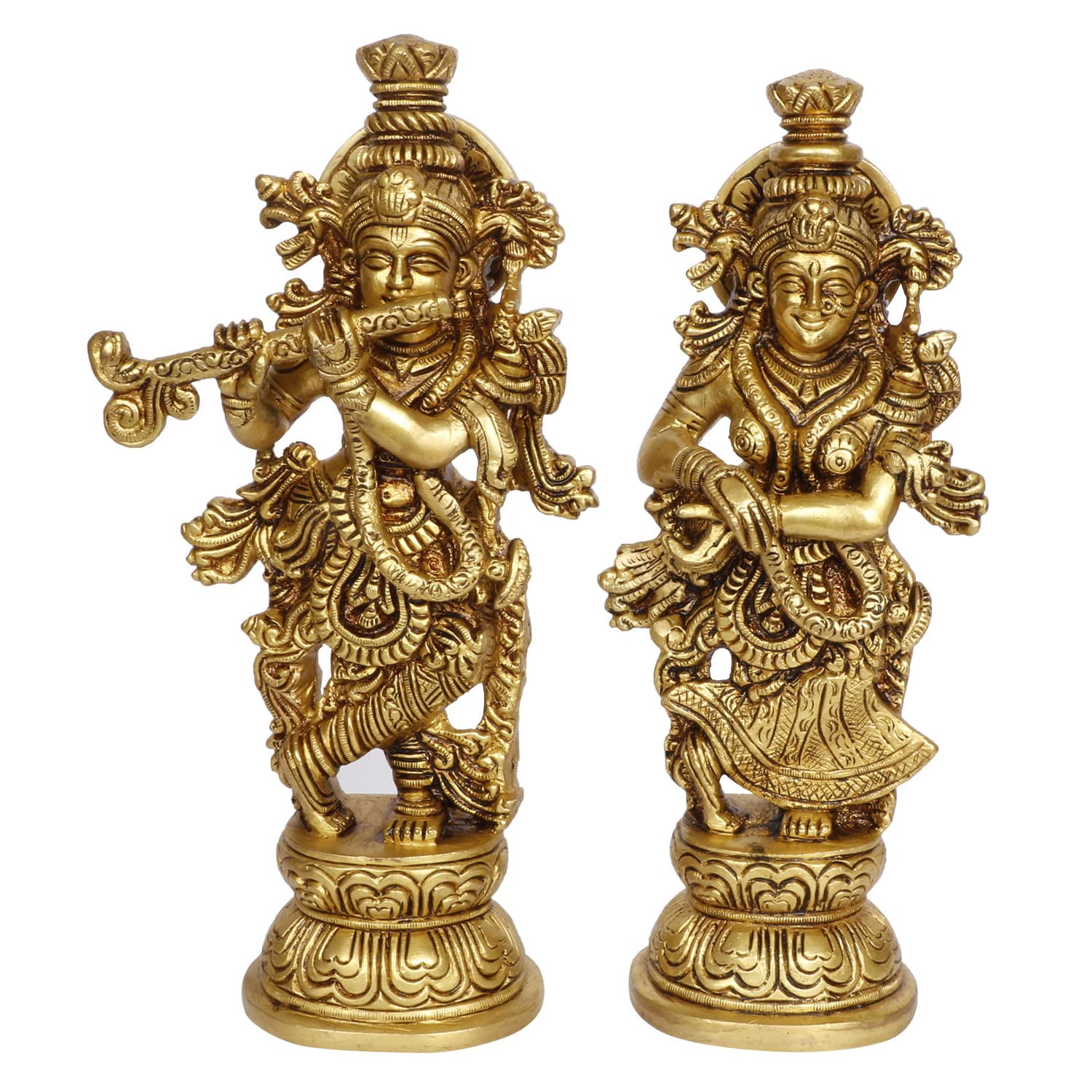 KartiqueBrass Radha Krishna Bhagwan Murti Kishan Kanhaiya with Flute for Home Office Decor Temple Mandir Decoration Height 9 Inch Gold Color