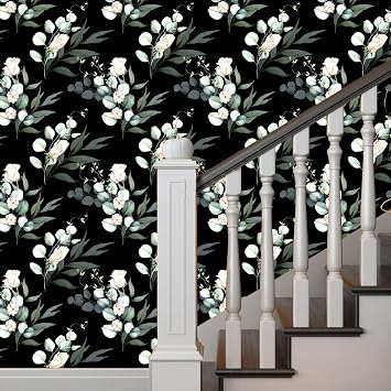 Boho Wallpaper Peel and Stick Modern Rose Floral Retro Removable Contact Paper 17.7" x 118" Dark Watercolor Flowers Wall Mural for Decorative Bedroom Bathroom Home Wall