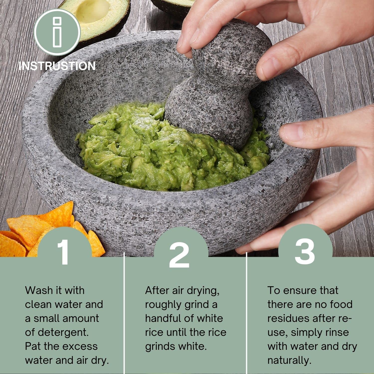 Flexzion Ensemble de mortier et pilon en granit massif - Support de bol en molcajete de 15,2 cm pour guacamole, herbes, épices, ail, cuisine, médecine