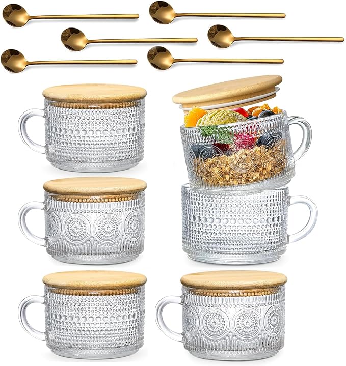 6pcs Vintage Coffee Mugs 14oz, Overnight Oats Containers with Bamboo Lids and Spoons - Clear Embossed Glass Cups, Cute Iced Coffee Glasses Bar Accessories, Clear Cups Vintage gifts for women