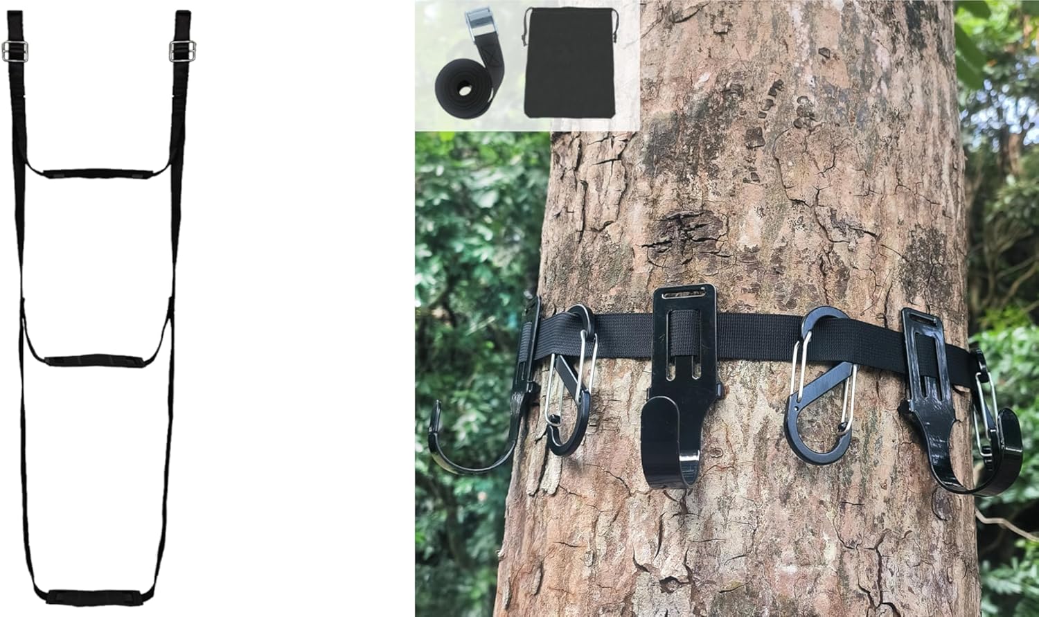 2-Step Climbing Stick Aider for Hunting and Tree Stand Straps Bow Hanger with Metal Hooks, High Loading Saddle Hunting Accessories Tree Climbing Gear for Climbing Sticks, Treestand Equipment
