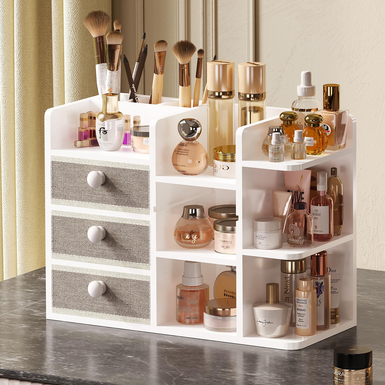 Organizador de maquillaje para encimera con cajón de soporte para brochas para tocador, organizador de bambú para encimera de baño