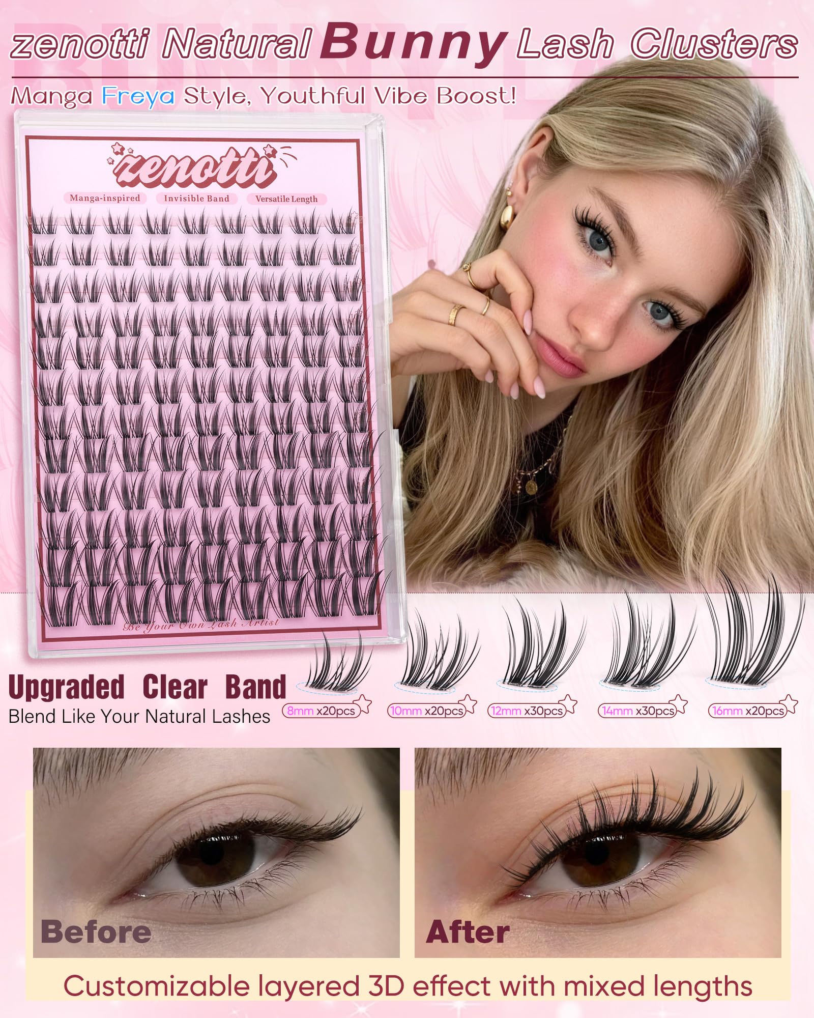 Natural Lash Clusters Manga Eyelash Clusters Wispy Cluster Eyelash Extension Bunny Anime Fairy Individual Lashes Invisible Band Cluster Lashes Freya DIY Lash Extensions C-Curly 8-16mm by zenotti - 3