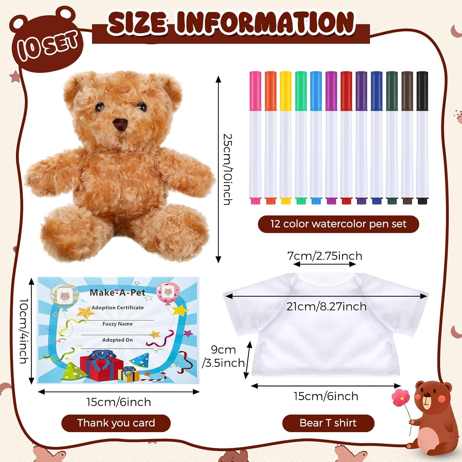 40 Pcs Make Your Own Stuffed Animal Bear Kit DIY Easter Plush Gift 10 Pcs 9.84 Inches Rose Velvet Bear 10 White T Shirt 10 Set 12 Color Pen and Card for Easter Party DIY Craft Gift(Brown)