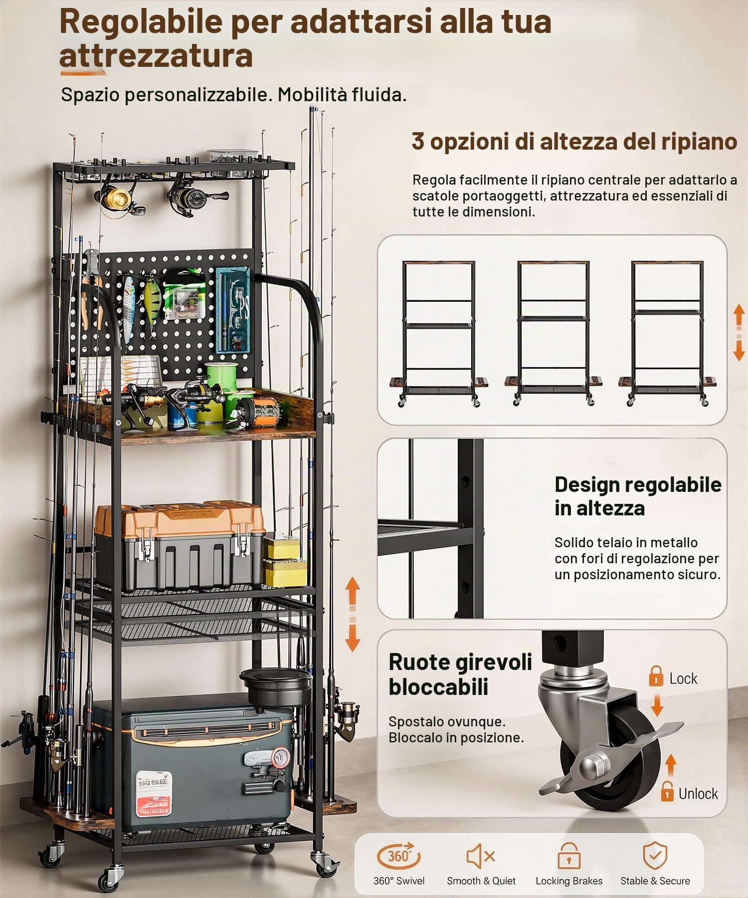 Yorbay Supporto per Canna da Pesca per 12 Canne con Ruote, Carrello Portaoggetti in Ferro con Gancio e Mensola per Riporre Accessori e Attrezzi da Pesca all'Aperto