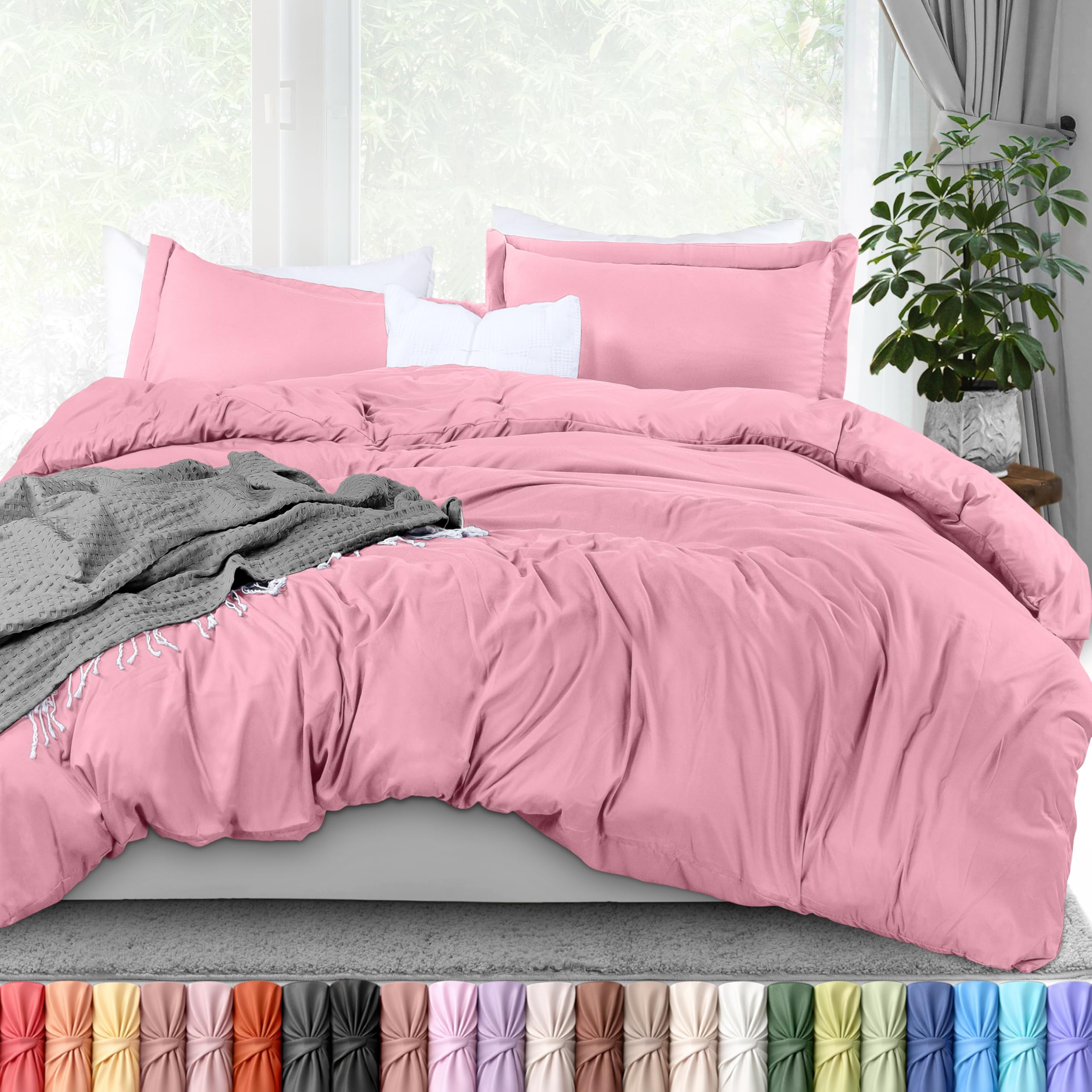 Duvet Cover Queen, 3 Piece Cotton Like Polyester With Zipper Closure, Pink