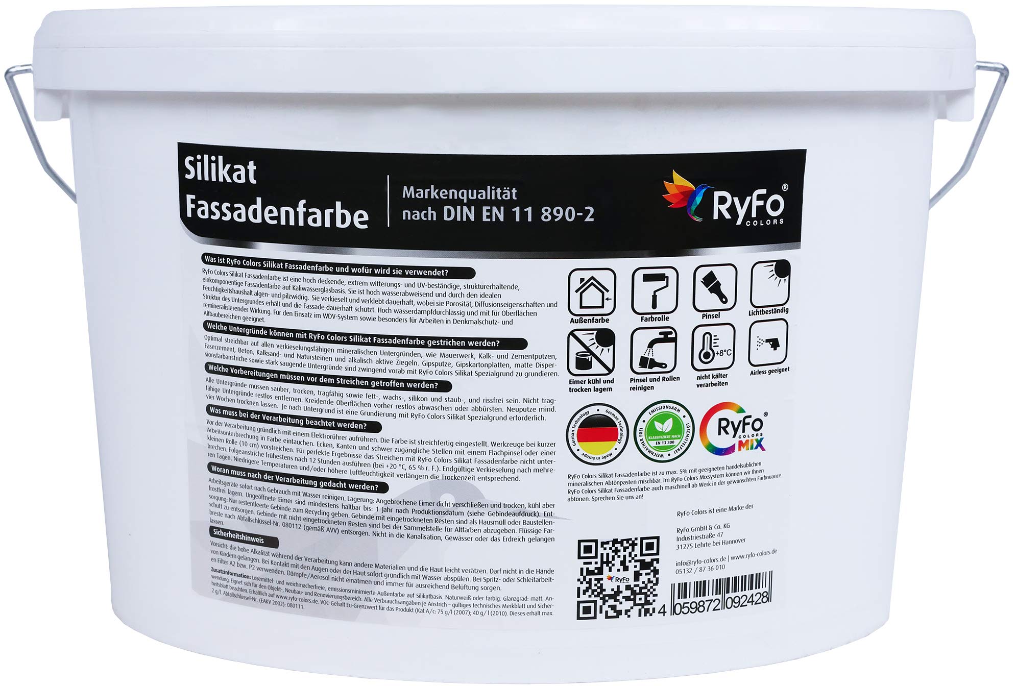 RyFo Colors Silikat Fassadenfarbe 10l - Außen-Farbe, Silikatfarbe, weiß, extrem atmungsaktiv, zertifiziert Deckkraft Klasse 1, Nassabrieb Klasse 1