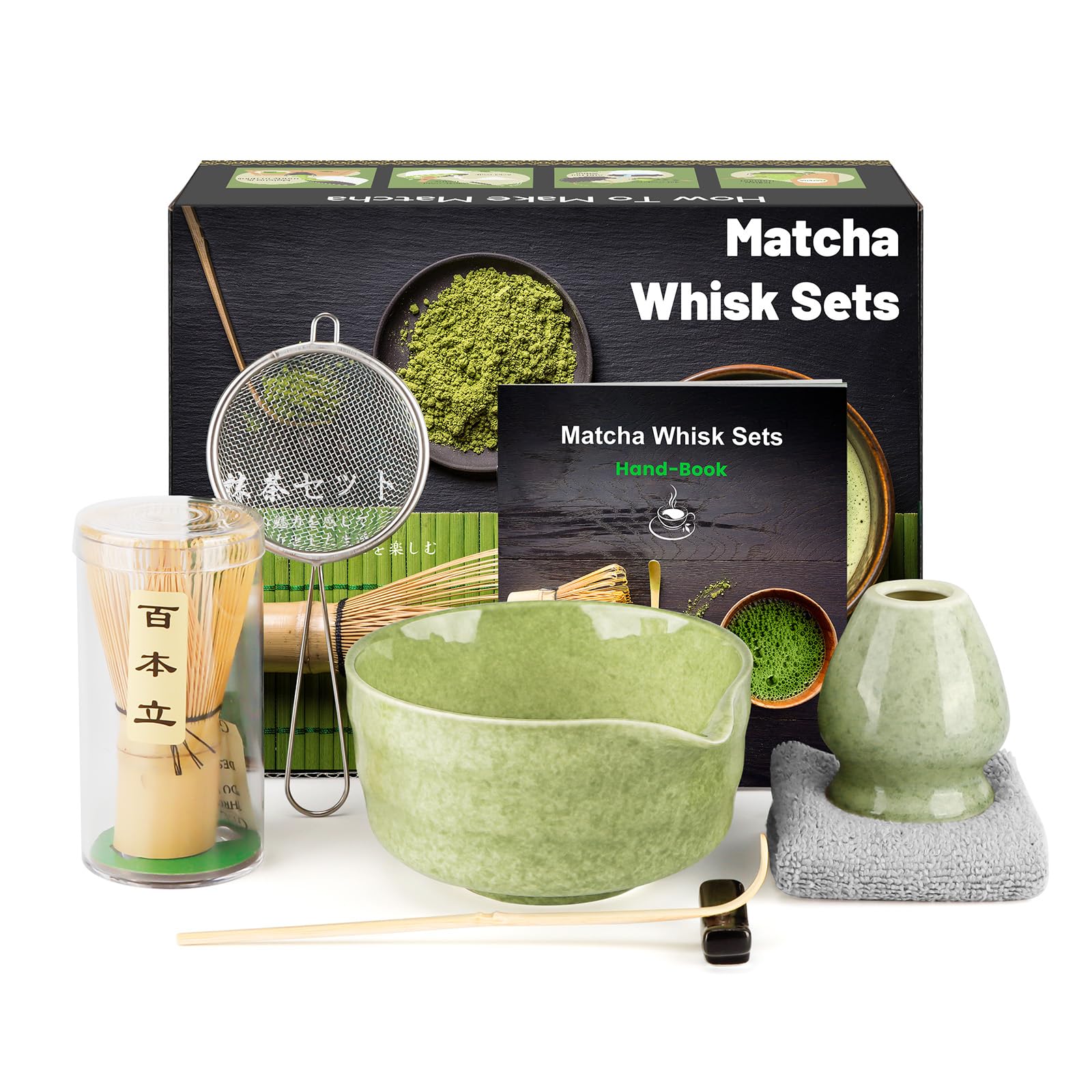7-delige matcha-set voor Japanse matcha-ceremonies, matcha-bezem van natuurlijk bamboe, matcha-schaal, bamboeschep, zeef, theedoek, lepelhouder, melkopzetstuk, complete matcha-set, groen gespikkeld