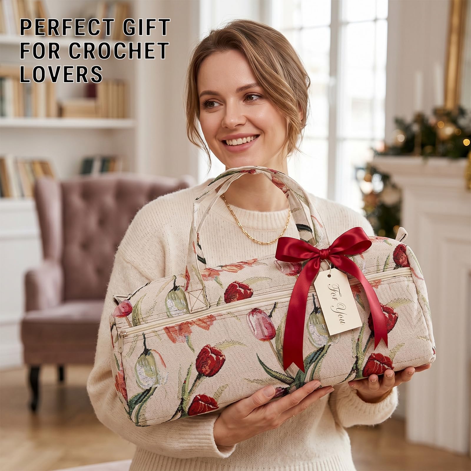 Borsa per Maglieria, Borsa da Progetto Uncinetto per Viaggiare, Casa Tessuto Artigianato Aghi di Maglia Stoccaggio Maglione Aghi da Cucire Organizzatore Borsa Rose