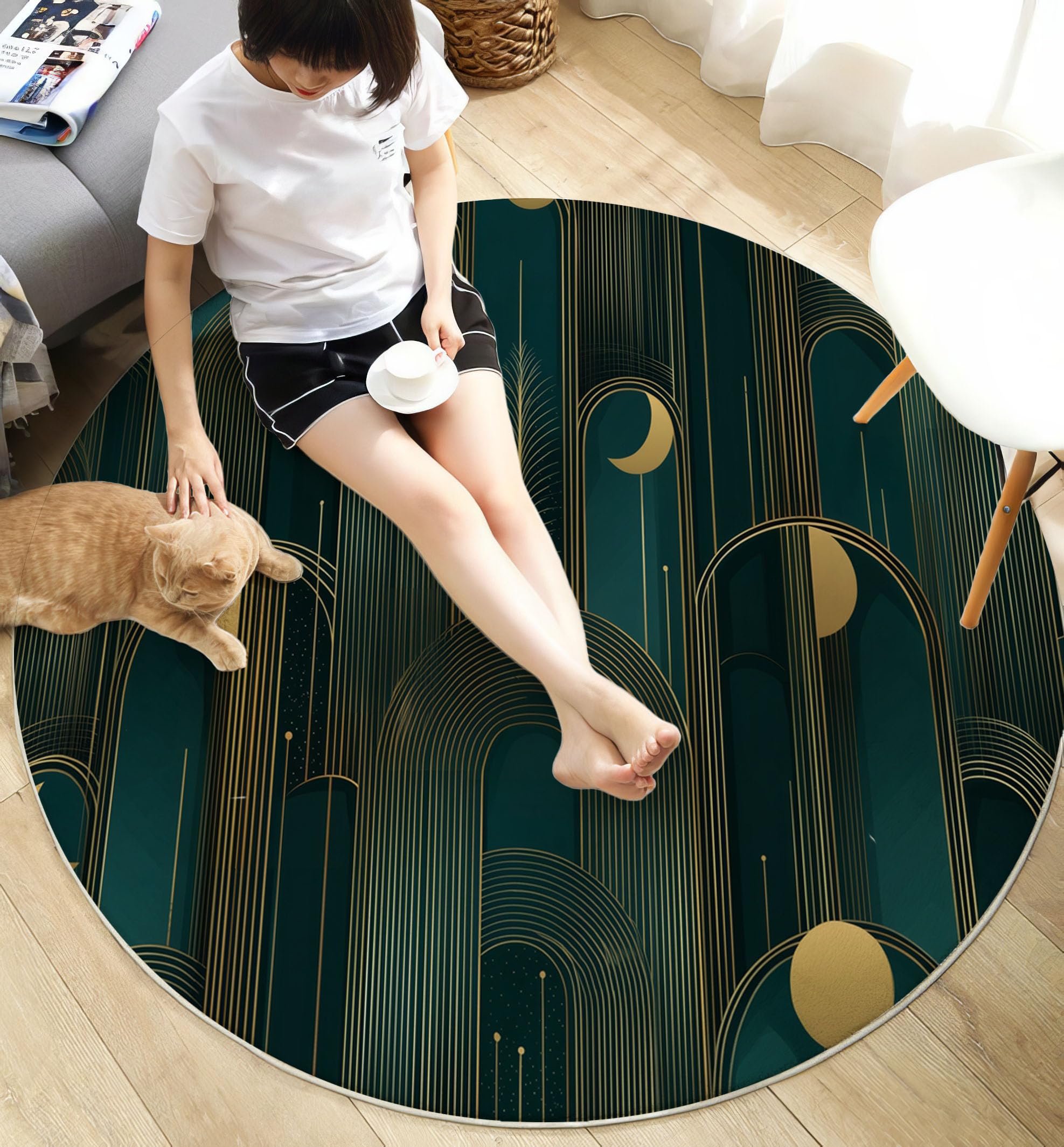 Tapis Rond Antidérapant 180cm, Doux Moelleux Lune Lignes Dorées Imprimé Style Art Déco Lavable Poil Bas Cyan Foncé Tapis de décoration, pour Décoration Salle à Manger Chambre Canapé