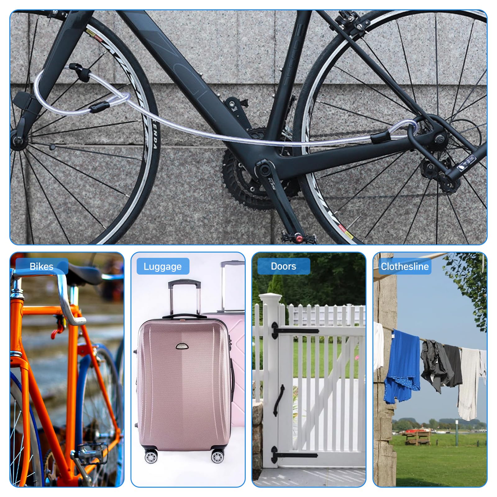Cavo di sicurezza per bicicletta, 12 mm x 1,2 m, cavo intrecciato in acciaio, cavo di sicurezza in acciaio con occhielli, lucchetto per la sicurezza della bicicletta