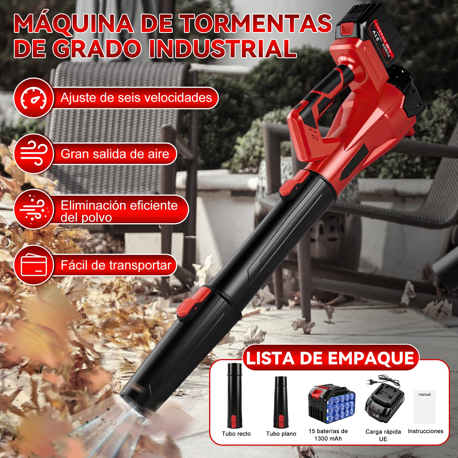 Aspirador de Hojas con batería, 200km/h, 6 velocidades, sin Cables Soplador eléctrico con 6 velocidades, con batería de 1300mAh y Cargador, soplador de Hojas sin Cables para jardín, terraza, Coche
