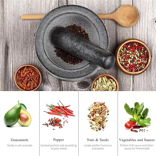 Miniatura 5 de Fashionwu Juego de mortero y mortero de 6 pulgadas, mortero de granito y cuenco de mortero para moler hierbas, especias, guacamo, salsa, pimienta,