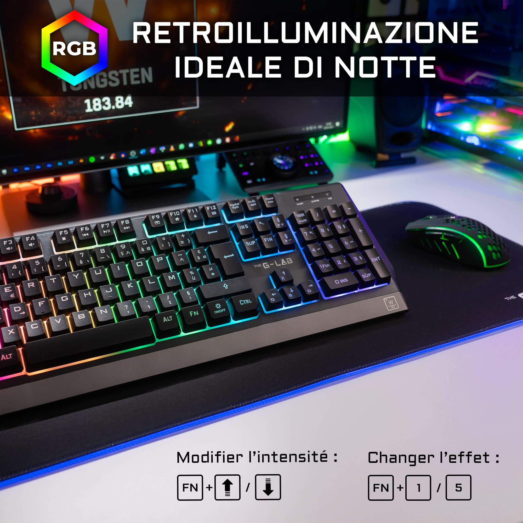 THE G-LAB Combo TUNGSTEN - Tastiera da Gaming Wireless Retroilluminata e Mouse - Tastiera ITALIANA & K-Stand Radon Supporto per Cuffie da Gioco - Retroilluminazione RGB, USB HUB 2 x 2.0