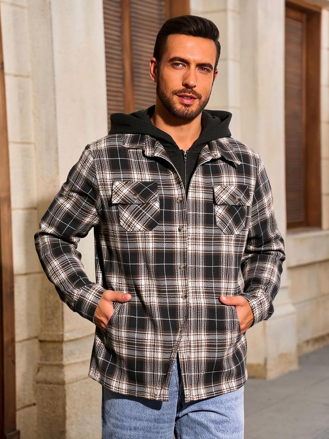 Yousify Mens Sherpa Flannel Shirt Jacket Fleece Lined Hooded Jacket Long Sleeve Button and Zipper Plaid Winter Coat - Image 2