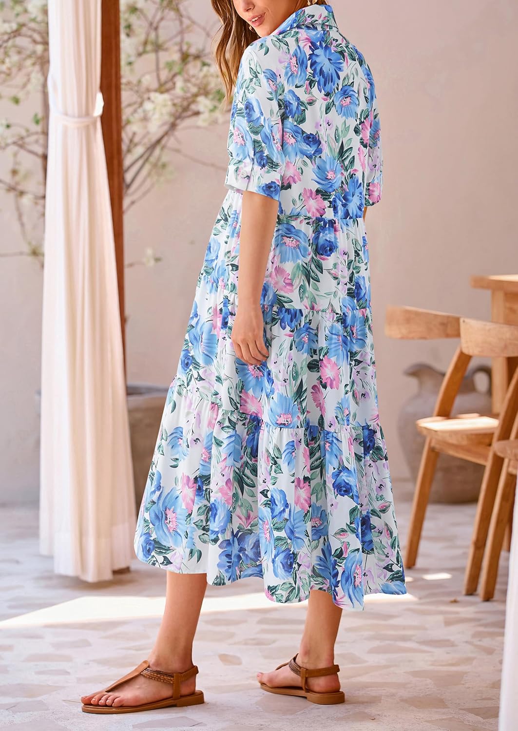 PRETTYGARDEN Summer Dress for Women Short Sleeve Button Up Ruffle A Line Flowy Maxi Dresses (Floral White Blue,Small) - Image 2