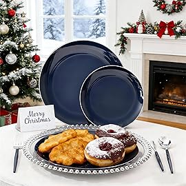 KIRE 200PCS Blue Plastic Plates with Silver Rim - Navy Blue Plastic Plates Include 100 Dinner & Dessert Plate - Heavy Duty Dark Blue Disposable Plate for Hanukkah/Parties/Wedding