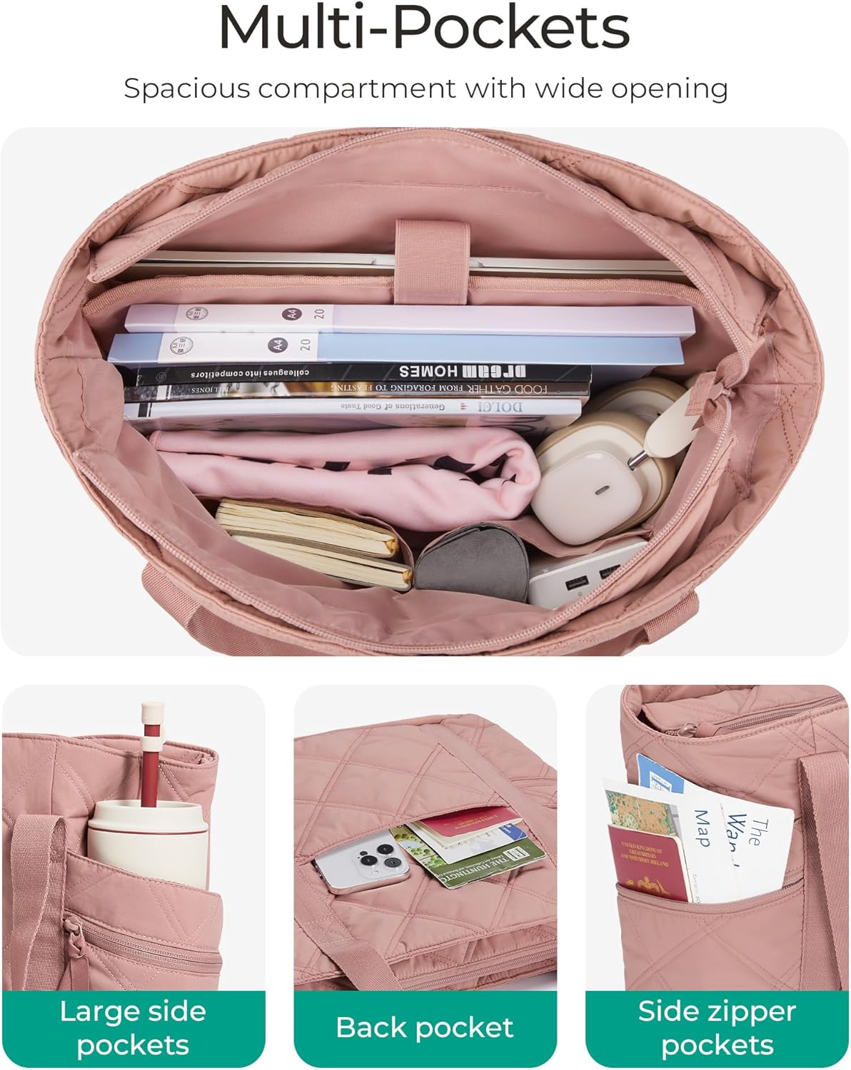 BAGSMART Crush Tote Bag for Women, 20L Puffer Work Tote with Zipper, Travel Essentials Quilted Nurse Hospital Bag - Image 4